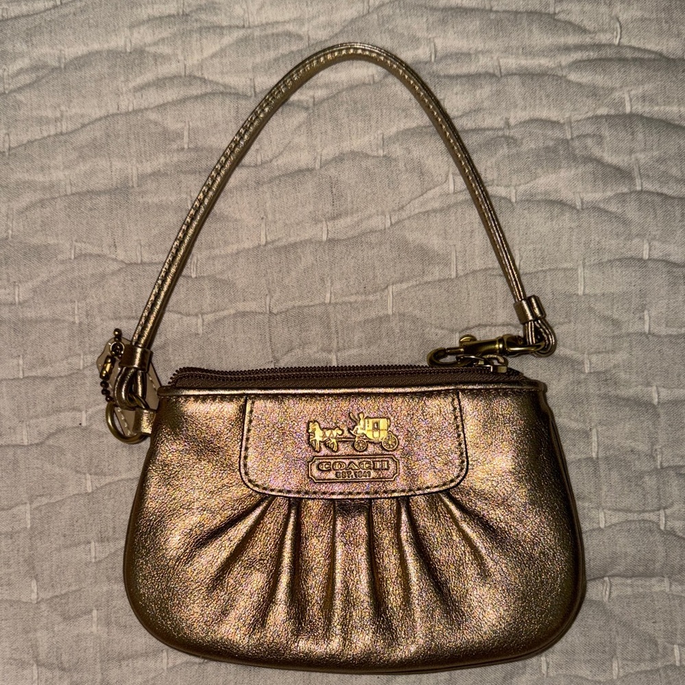 Coach Metallic Gold Leather Zip Wristlet Pouch Wallet Clutch